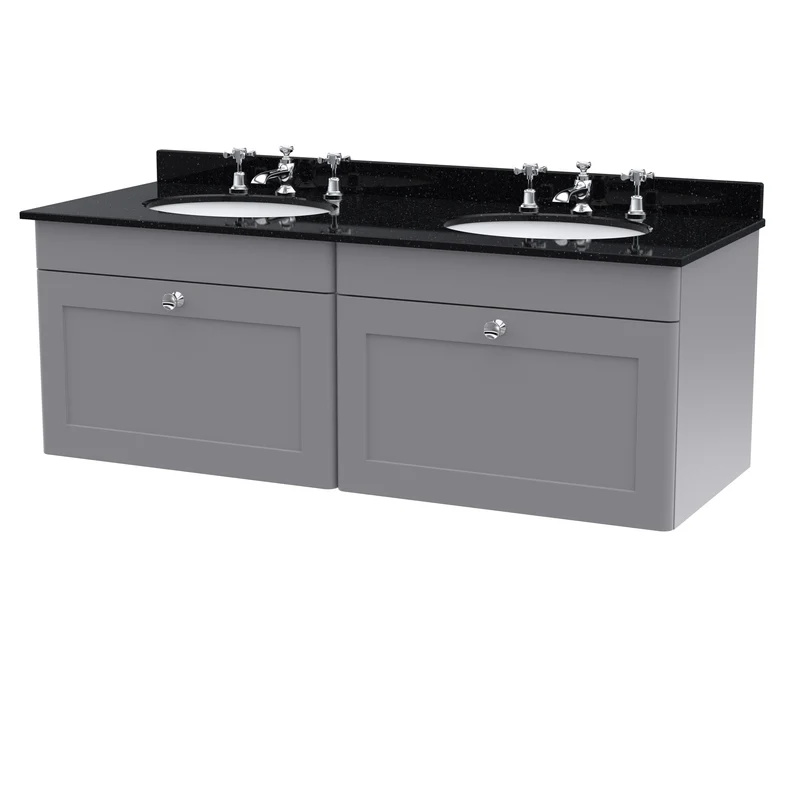 Classique 1200mm Wall Hung Vanity Unit With 2 Drawers With Black Marble Worktop With 2 Round Basins - Satin Grey