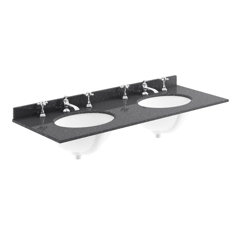 Classique 1200mm Wall Hung Vanity Unit With 2 Drawers With Black Marble Worktop With 2 Round Basins - Satin Grey