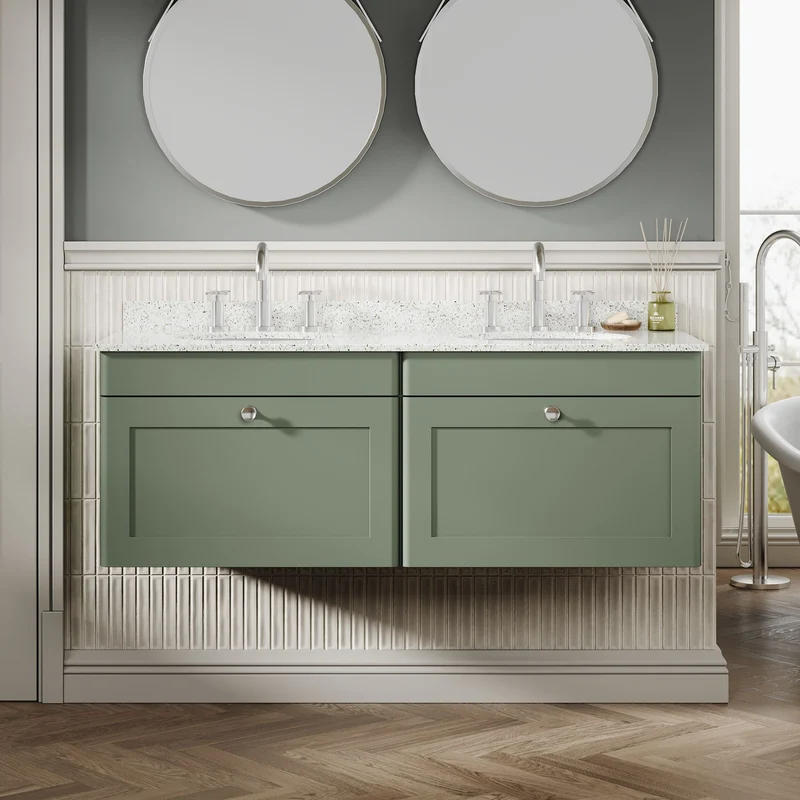 Classique 1200mm Wall Hung Vanity Unit With 2 Drawers With White Marble Worktop With 2 Round Basins - Satin Green