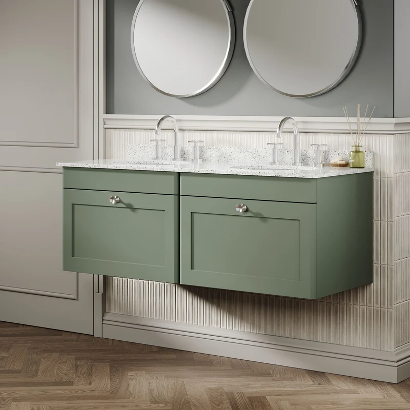 Classique 1200mm Wall Hung Vanity Unit With 2 Drawers With White Marble Worktop With 2 Round Basins - Satin Green