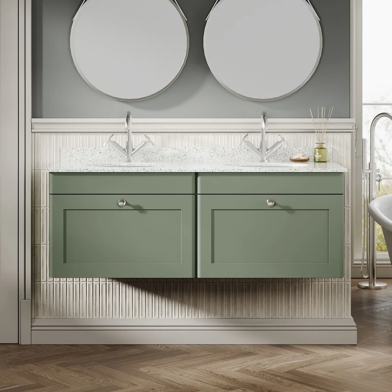 Classique 1200mm Wall Hung Vanity Unit With 2 Drawers With White Marble Worktop With 2 Round Basins - Satin Green