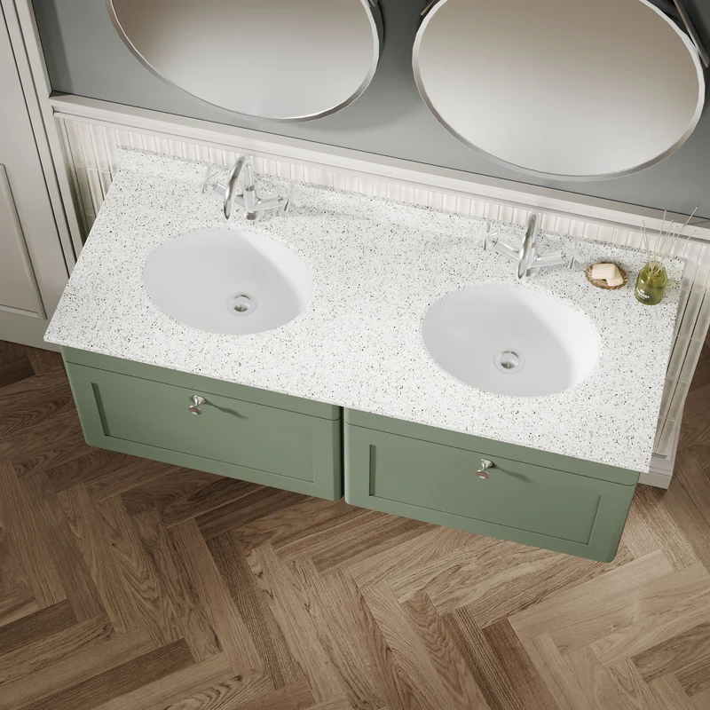 Classique 1200mm Wall Hung Vanity Unit With 2 Drawers With White Marble Worktop With 2 Round Basins - Satin Green