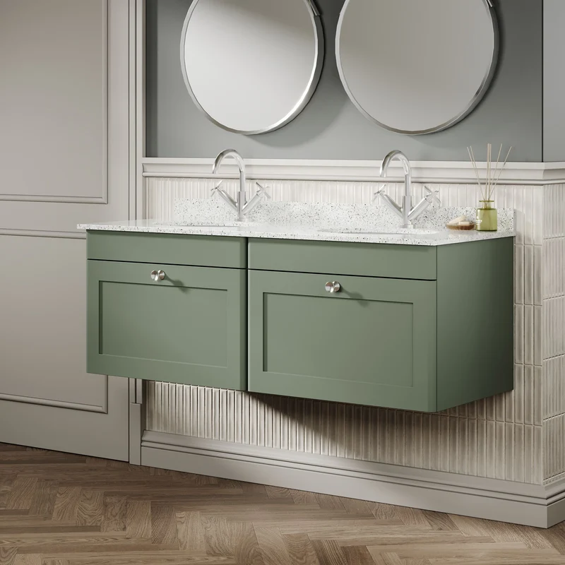 Classique 1200mm Wall Hung Vanity Unit With 2 Drawers With White Marble Worktop With 2 Round Basins - Satin Green