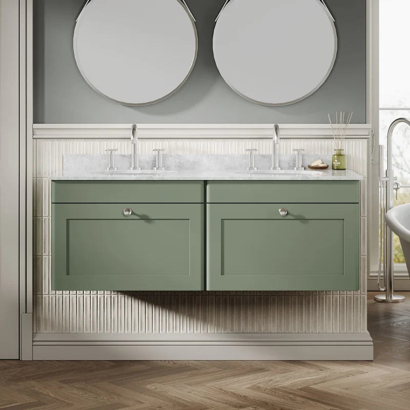Classique 1200mm Wall Hung Vanity Unit With 2 Drawers With Grey Marble Worktop With 2 Round Basins - Satin Green