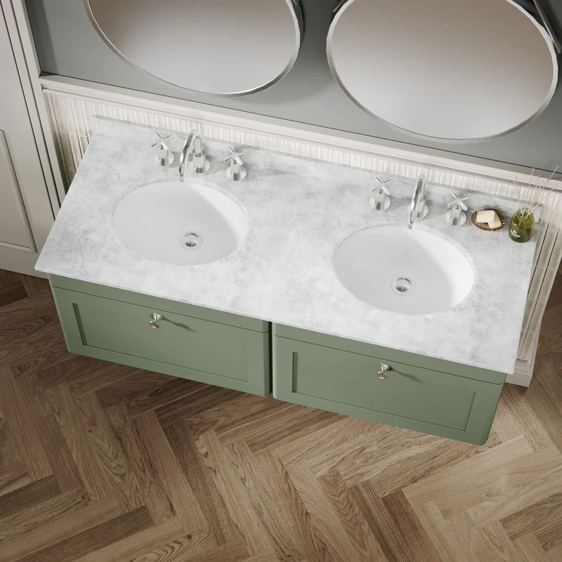 Classique 1200mm Wall Hung Vanity Unit With 2 Drawers With Grey Marble Worktop With 2 Round Basins - Satin Green