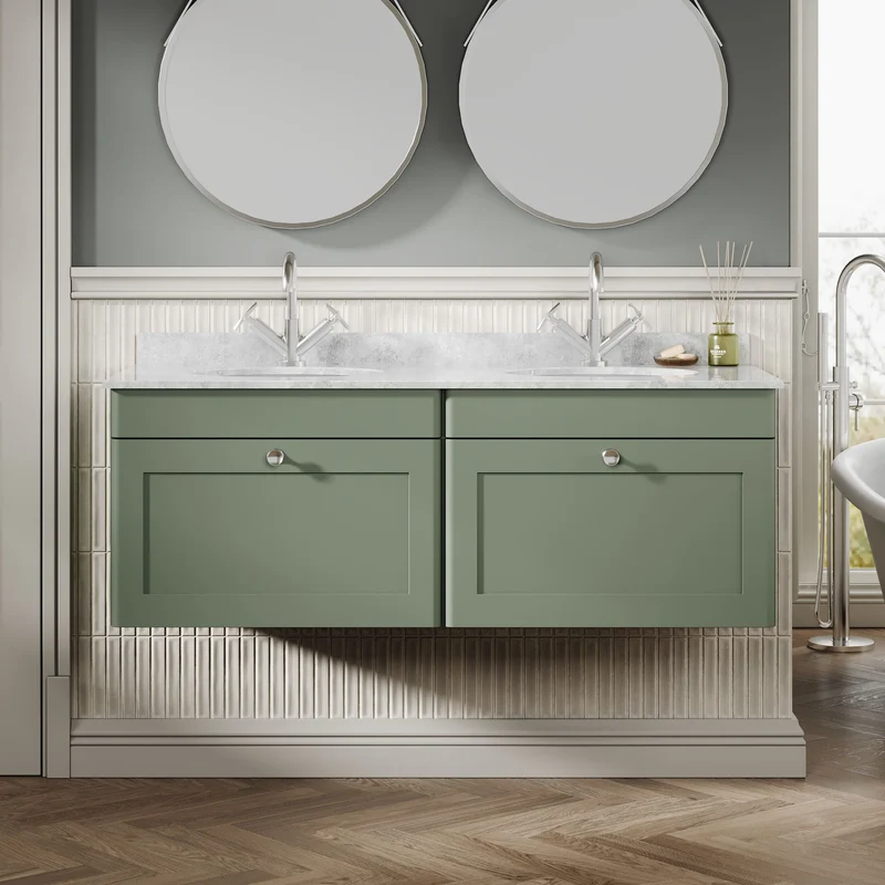 Classique 1200mm Wall Hung Vanity Unit With 2 Drawers With Grey Marble Worktop With 2 Round Basins - Satin Green