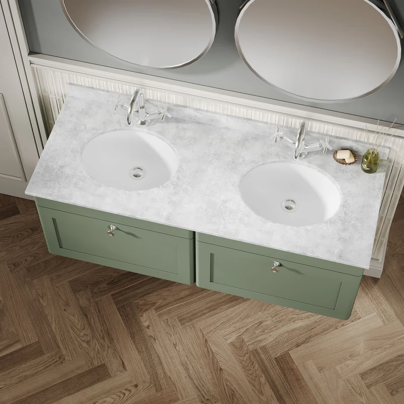 Classique 1200mm Wall Hung Vanity Unit With 2 Drawers With Grey Marble Worktop With 2 Round Basins - Satin Green