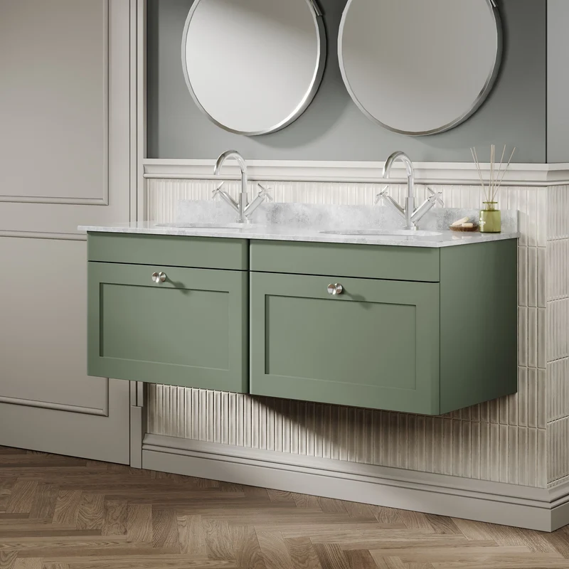 Classique 1200mm Wall Hung Vanity Unit With 2 Drawers With Grey Marble Worktop With 2 Round Basins - Satin Green