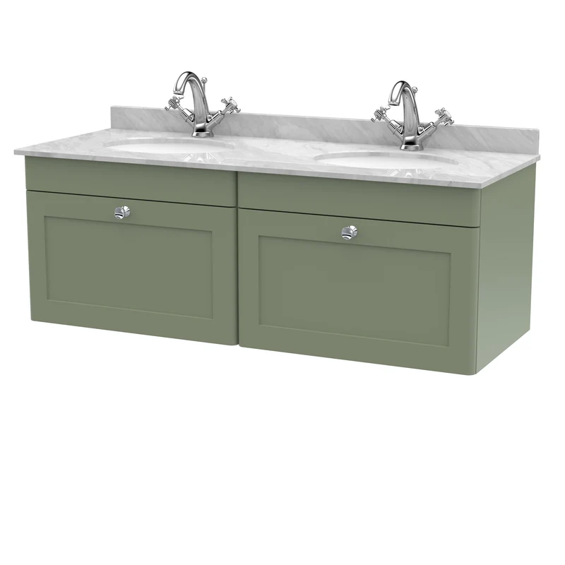 Classique 1200mm Wall Hung Vanity Unit With 2 Drawers With Grey Marble Worktop With 2 Round Basins - Satin Green