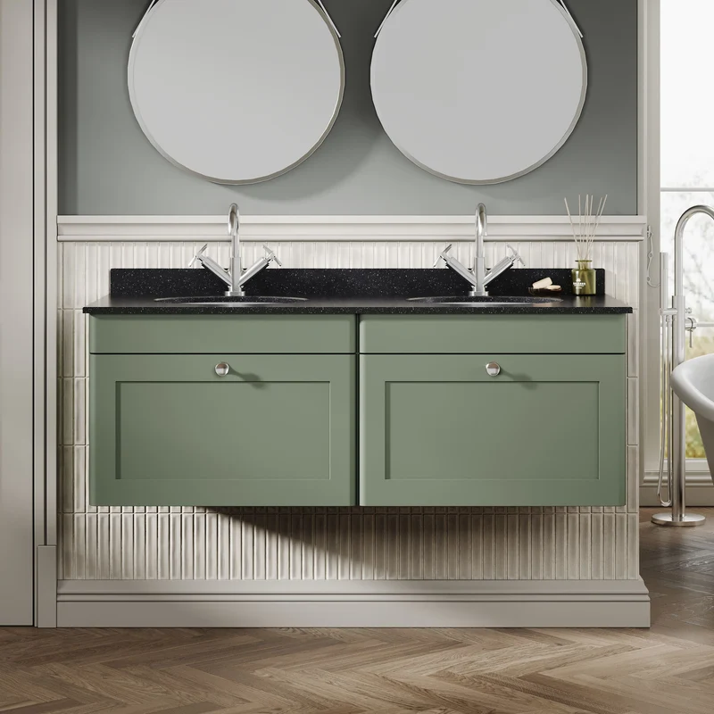 Classique 1200mm Wall Hung Vanity Unit With 2 Drawers With Black Marble Worktop With 2 Round Basins - Satin Green