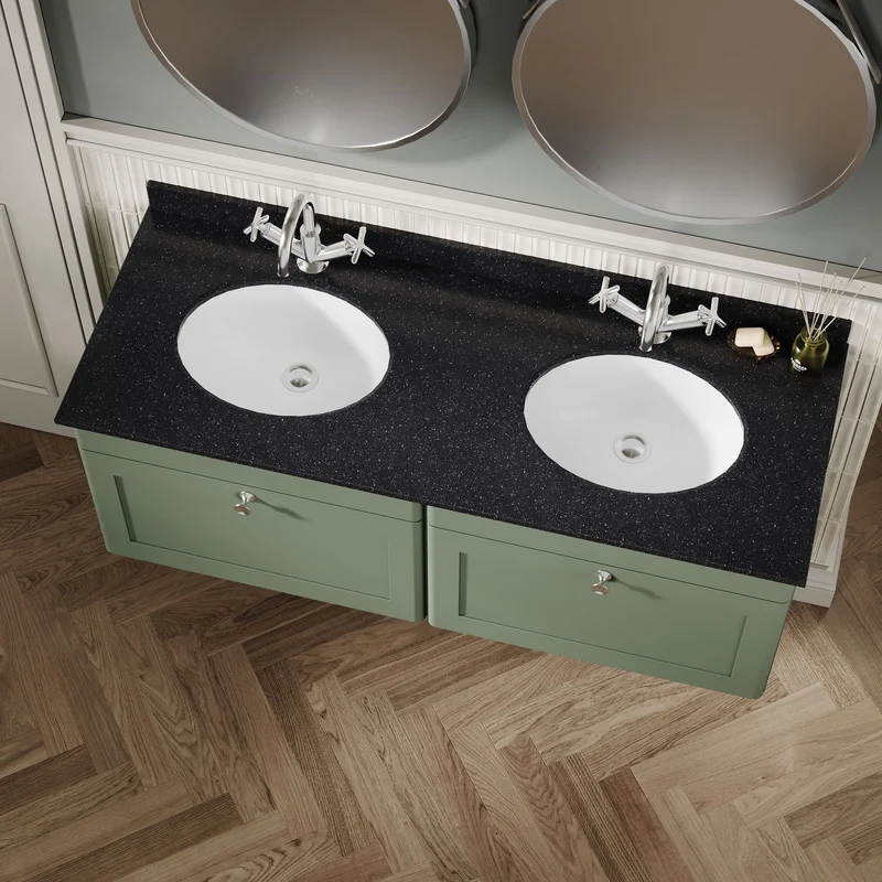 Classique 1200mm Wall Hung Vanity Unit With 2 Drawers With Black Marble Worktop With 2 Round Basins - Satin Green