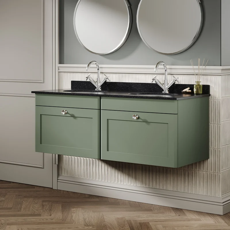 Classique 1200mm Wall Hung Vanity Unit With 2 Drawers With Black Marble Worktop With 2 Round Basins - Satin Green