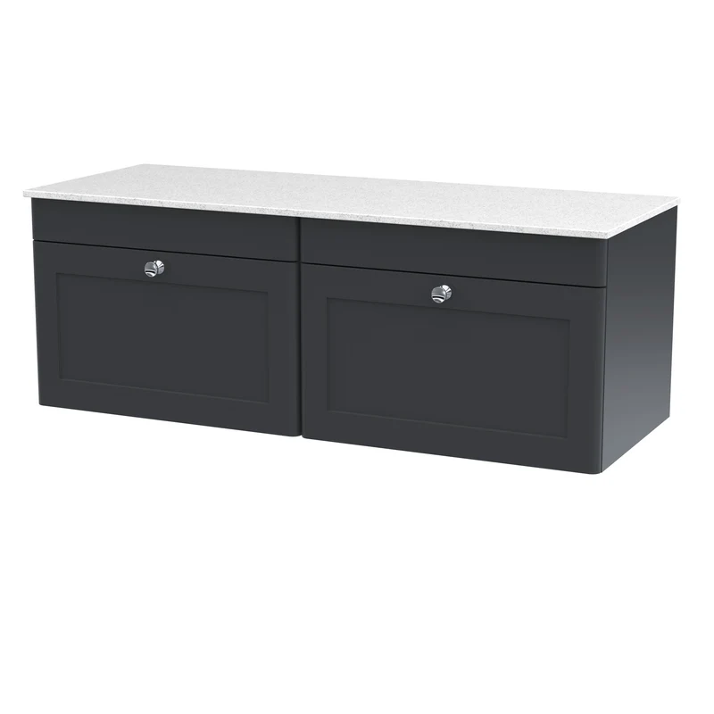 Classique 1200mm Wall Hung Vanity Unit With 2 Drawers With White Marble Worktop - Satin Soft Black