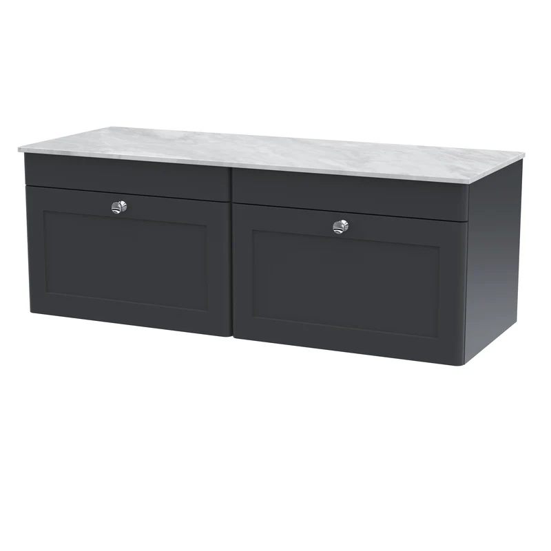 Classique 1200mm Wall Hung Vanity Unit With 2 Drawers With Grey Marble Worktop - Satin Soft Black