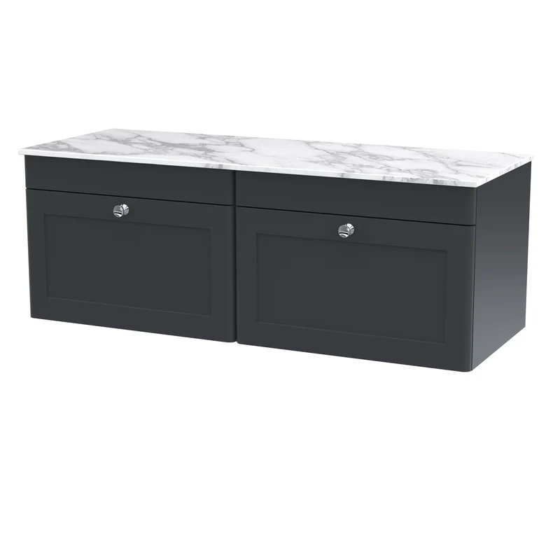 Classique 1200mm Wall Hung Vanity Unit With 2 Drawers With Carrera Marble Worktop - Satin Soft Black