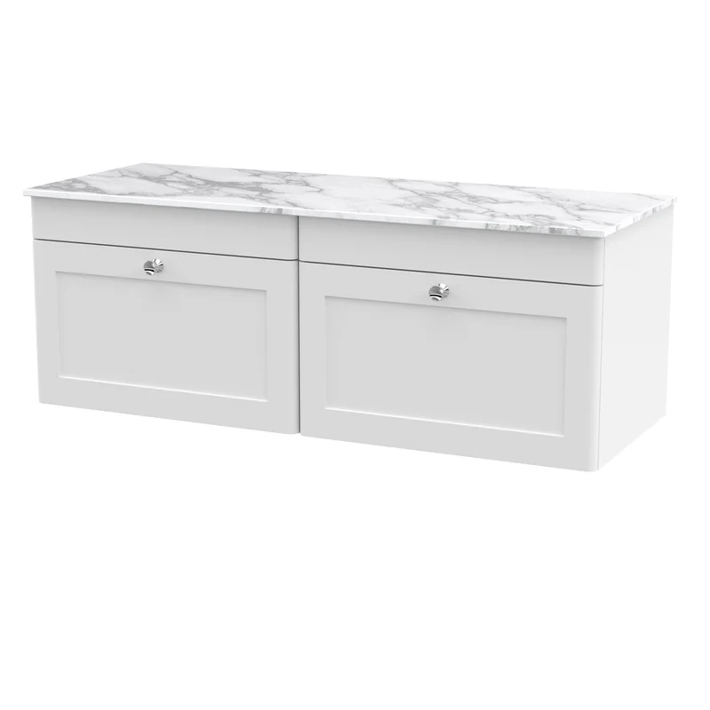 Classique 1200mm Wall Hung Vanity Unit With 2 Drawers With Carrera Marble Worktop - Satin White