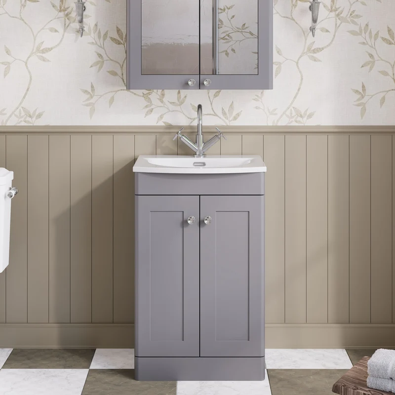 Classique 500mm Floor Standing Vanity Unit With 2 Doors With Curved Ceramic Basin - Satin Grey