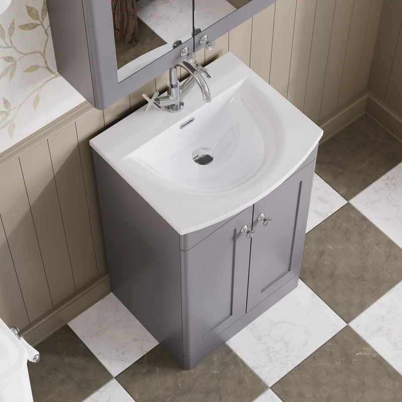 Classique 500mm Floor Standing Vanity Unit With 2 Doors With Curved Ceramic Basin - Satin Grey
