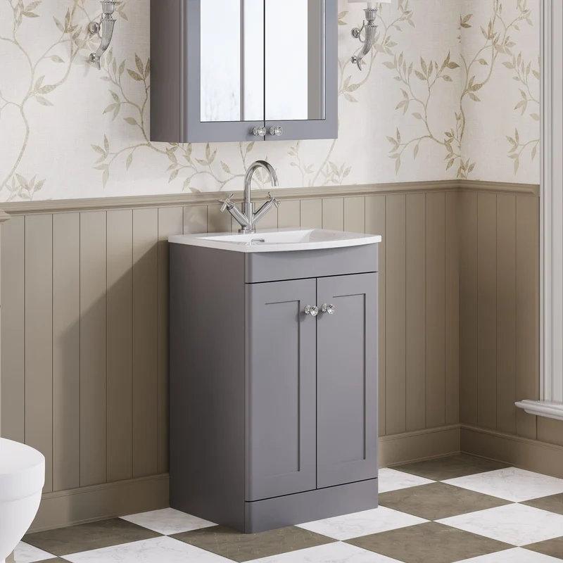 Classique 500mm Floor Standing Vanity Unit With 2 Doors With Curved Ceramic Basin - Satin Grey
