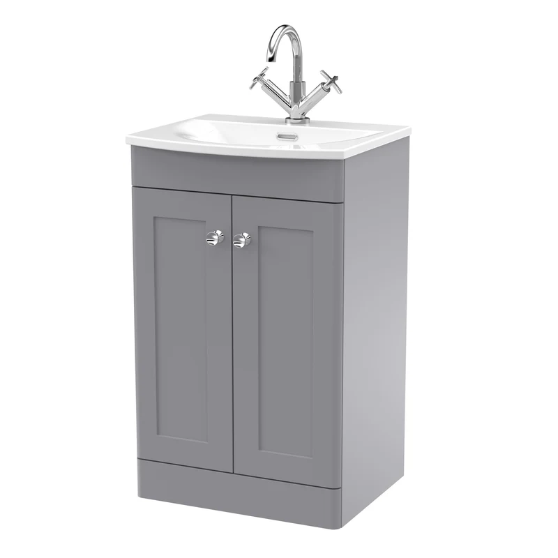 Classique 500mm Floor Standing Vanity Unit With 2 Doors With Curved Ceramic Basin - Satin Grey
