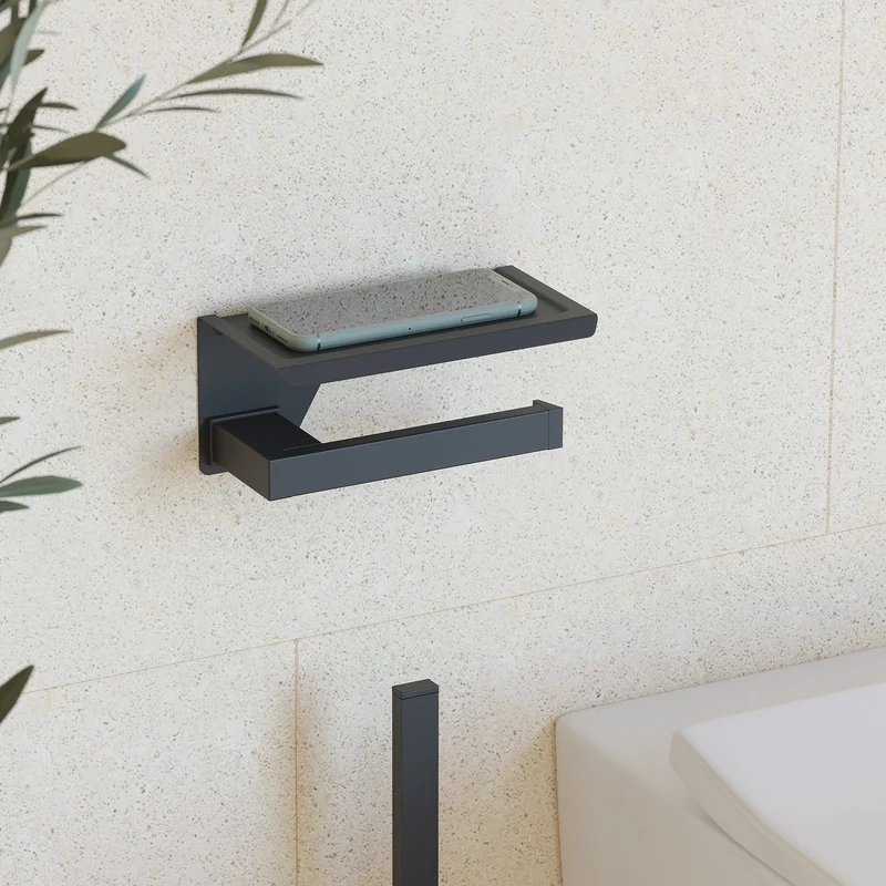 Sonia S Cube Toilet Roll Holder with Shelf - Matt Black