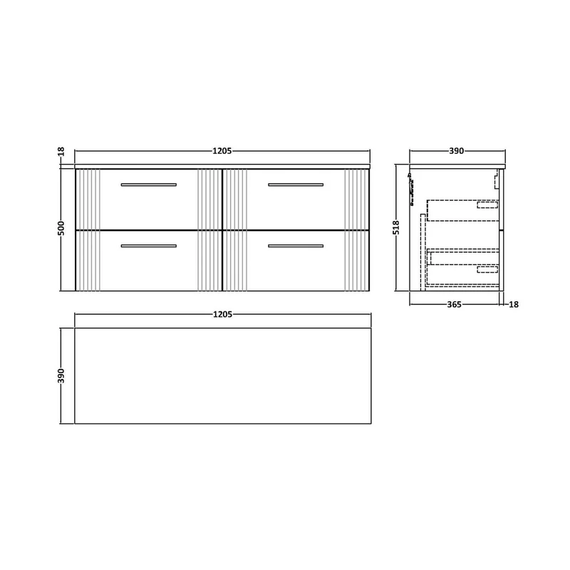 Nuie Deco 1200mm Wall Hung 4 Drawer Vanity & Worktop Contemporary Soft Black MFC Painted Gloss 518x1205x390mm
