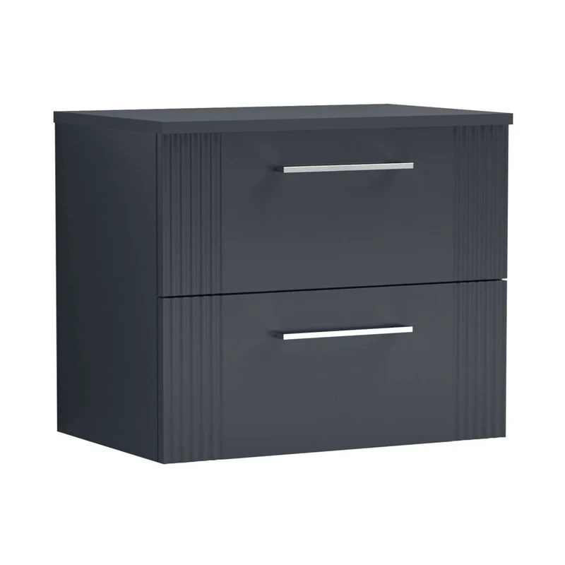 Nuie Deco 600mm Wall Hung 2 Drawer Vanity & Worktop Contemporary Soft Black MFC Painted Gloss 518x605x390mm