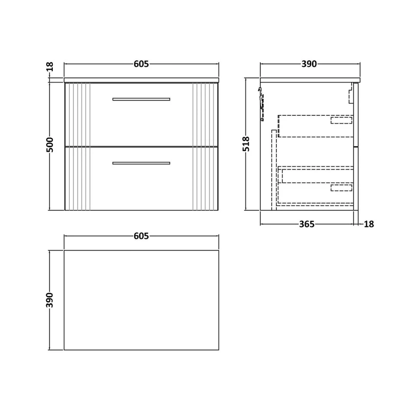 Nuie Deco 600mm Wall Hung 2 Drawer Vanity & Worktop Contemporary Soft Black MFC Painted Gloss 518x605x390mm