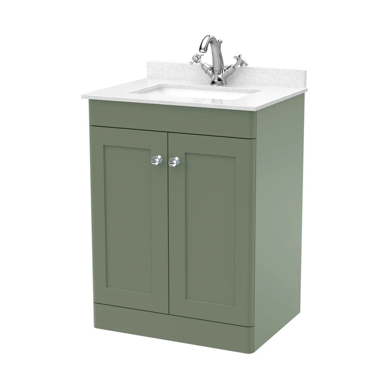 Nuie Classique 600mm Floor Standing 2 Door Vanity & Marble Top 1th Traditional Satin Green MFC Painted Matt 814x620x463mm - CLC825WS1