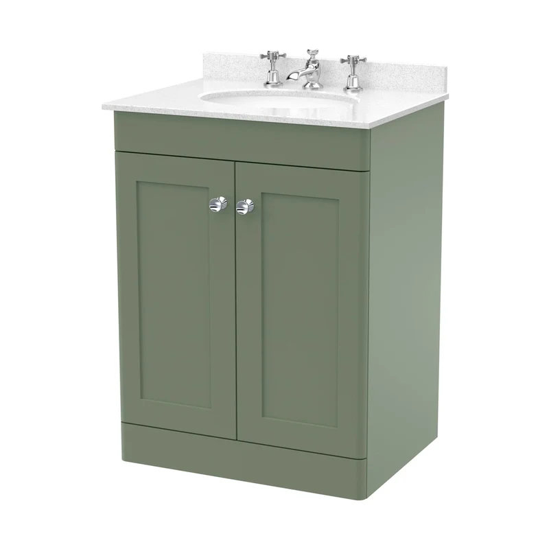 Nuie Classique 600mm Floor Standing 2 Door Vanity & Marble Top 3th Traditional Satin Green MFC Painted Matt 814x620x463mm - CLC825WR3