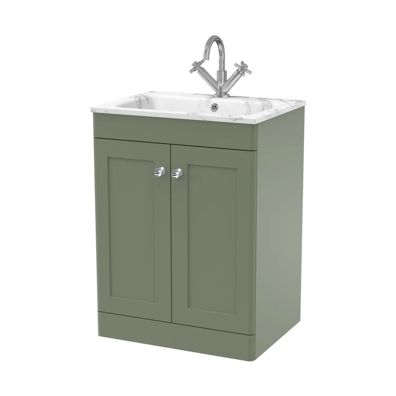 Nuie Classique 600mm Floor Standing 2-door Unit & Stone Basin 1th Traditional Satin Green MFC Painted Matt,stone 816x610x470mm - CLC825Q
