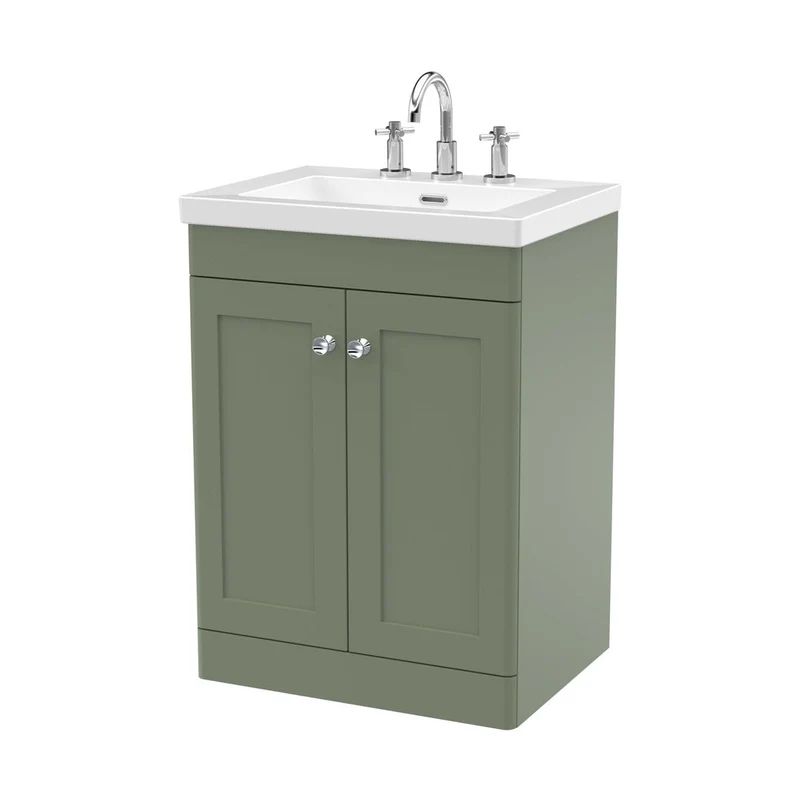 Nuie Classique 600mm Floor Standing 2-door Vanity With Basin - 3 Tap Hole Traditional Satin Green Fireclay 845x613x462mm