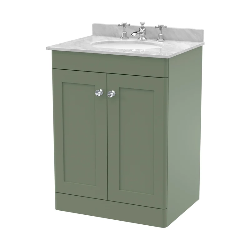 Nuie Classique 600mm Floor Standing 2 Door Vanity & Marble Top 3th Traditional Satin Green MFC Painted Matt 814x620x463mm - CLC825GR3