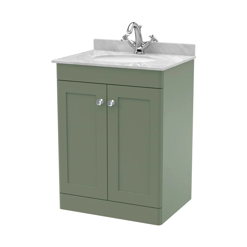 Nuie Classique 600mm Floor Standing 2 Door Vanity & Marble Top 1th Traditional Satin Green MFC Painted Matt 814x620x463mm - CLC825GR1
