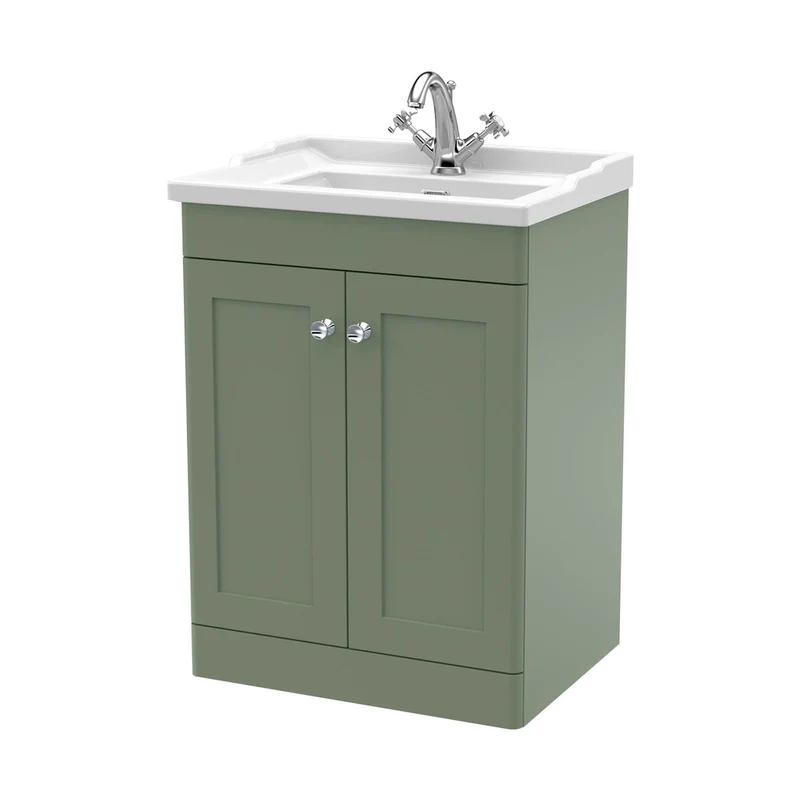 Nuie Classique 600mm Floor Standing 2 Door Vanity & Basin 1th Traditional Satin Green MFC Painted Matt 858x620x470mm