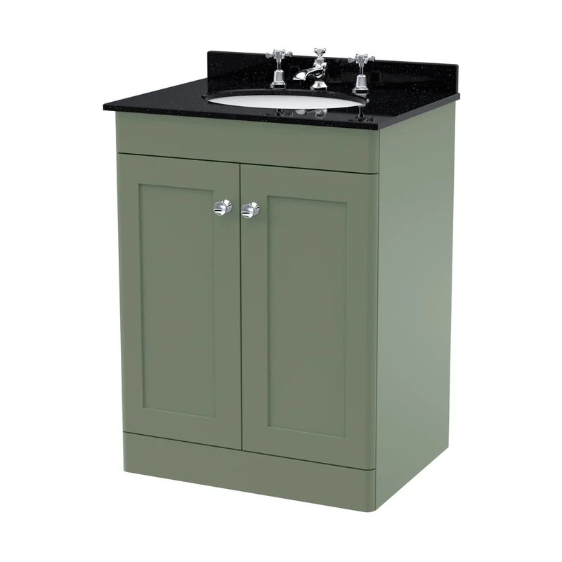 Nuie Classique 600mm Floor Standing 2 Door Vanity & Marble Top 3th Traditional Satin Green MFC Painted Matt 814x620x463mm - CLC825BR3