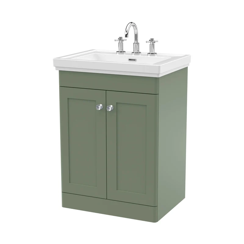 Nuie Classique 600mm Floor Standing 2-door Vanity & Basin 3th Traditional Satin Green MFC Painted Matt 865x630x471mm