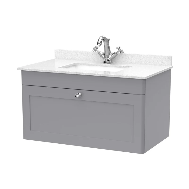 Nuie Classique 800mm Wall Hung 1 Drawer Vanity & Marble Top 1th Traditional Satin Grey MFC Painted Matt 445x820x463mm - CLC296WS1