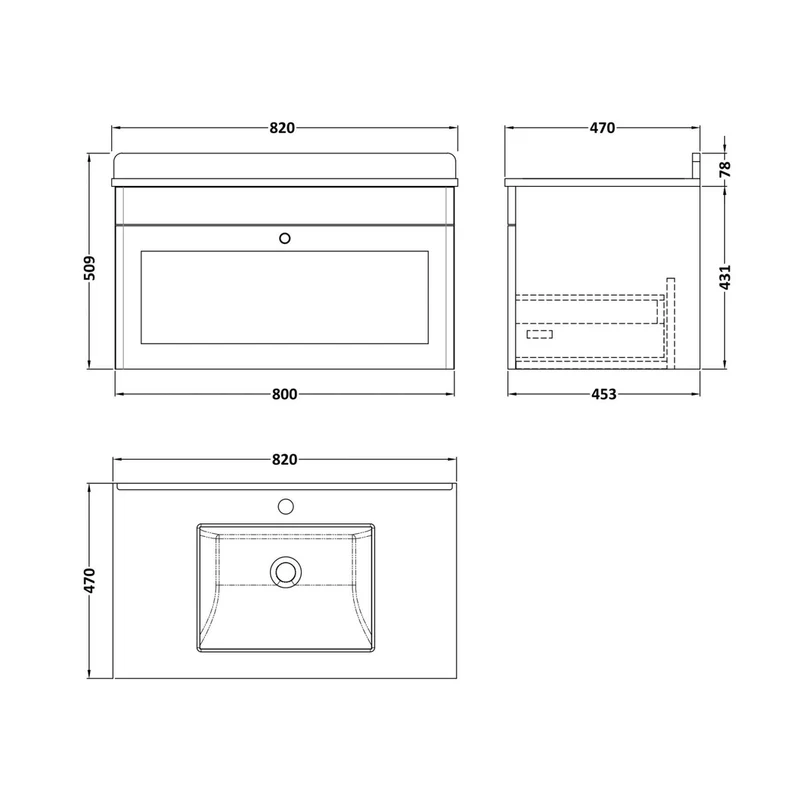 Nuie Classique 800mm Wall Hung 1 Drawer Vanity & Marble Top 1th Traditional Satin Grey MFC Painted Matt 445x820x463mm - CLC296WS1