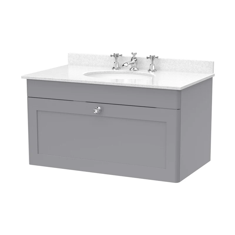 Nuie Classique 800mm Wall Hung 1 Drawer Vanity & Marble Top 3th Traditional Satin Grey MFC Painted Matt 445x820x463mm - CLC296WR3