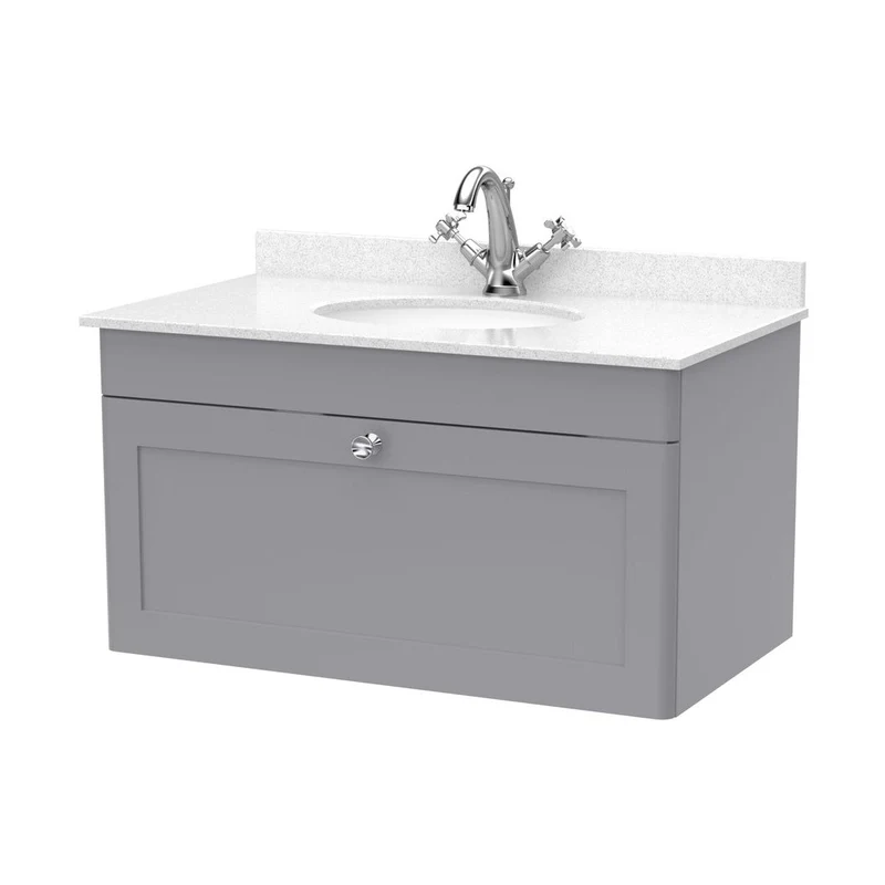 Nuie Classique 800mm Wall Hung 1 Drawer Vanity & Marble Top 1th Traditional Satin Grey MFC Painted Matt 445x820x463mm - CLC296WR1