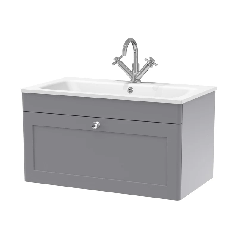 Nuie Classique 800mm Wall Hung 1-drawer Unit & Stone Basin 1th Traditional Satin Grey MFC Painted Matt,stone 447x805x460mm - CLC296P