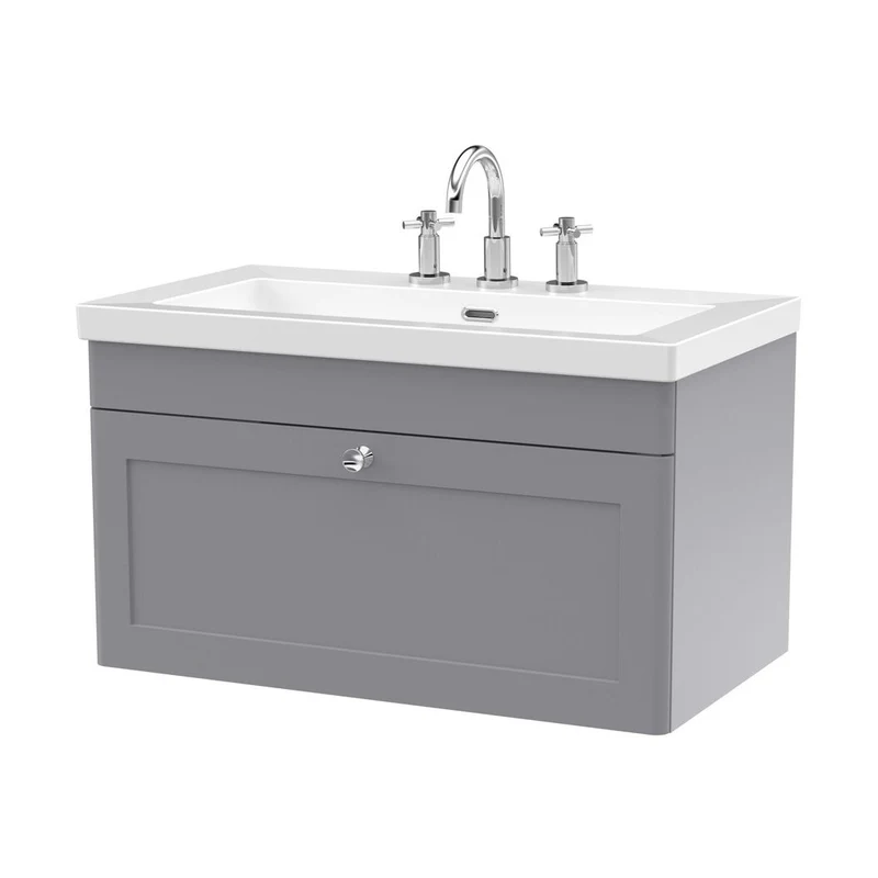 Nuie Classique 800mm Wall Hung Single Drawer Vanity With Basin - 3 Tap Hole Traditional Satin Grey Fireclay 476x813x462mm