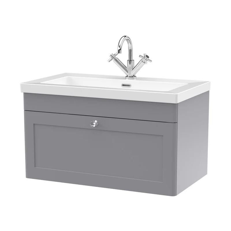 Nuie Classique 800mm Wall Hung Single Drawer Vanity With Basin - 1 Tap Hole Traditional Satin Grey Fireclay 476x813x462mm