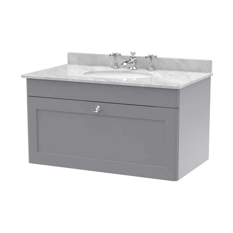 Nuie Classique 800mm Wall Hung 1 Drawer Vanity & Marble Top 3th Traditional Satin Grey MFC Painted Matt 445x820x463mm - CLC296GR3