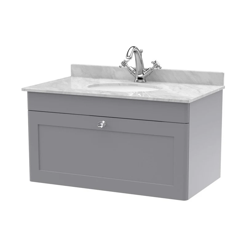 Nuie Classique 800mm Wall Hung 1 Drawer Vanity & Marble Top 1th Traditional Satin Grey MFC Painted Matt 445x820x463mm - CLC296GR1