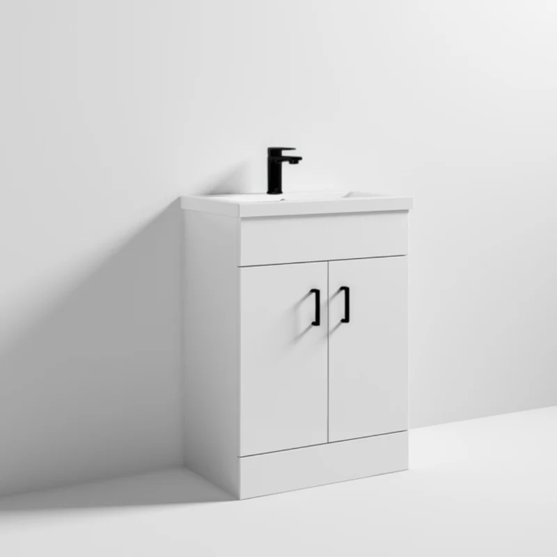 Lomond 600mm Gloss White Floorstanding Vanity Unit With Ceramic Basin - Matt Black Handles & Overflow Cover