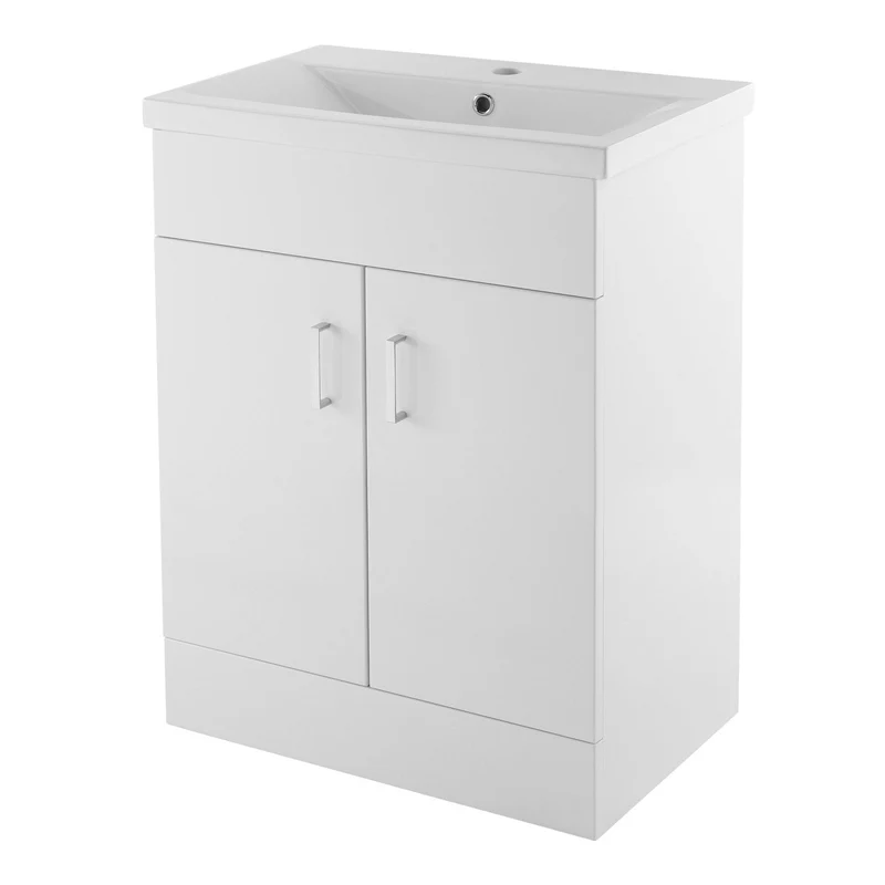 Lomond 600mm Gloss White Floorstanding Vanity Unit With Ceramic Basin - Matt Black Handles & Overflow Cover