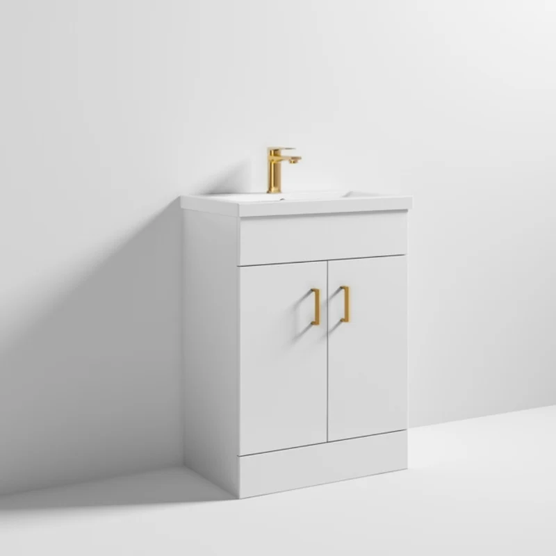 Lomond 600mm Gloss White Floorstanding Vanity Unit With Ceramic Basin - Brushed Brass Handles & Overflow Cover