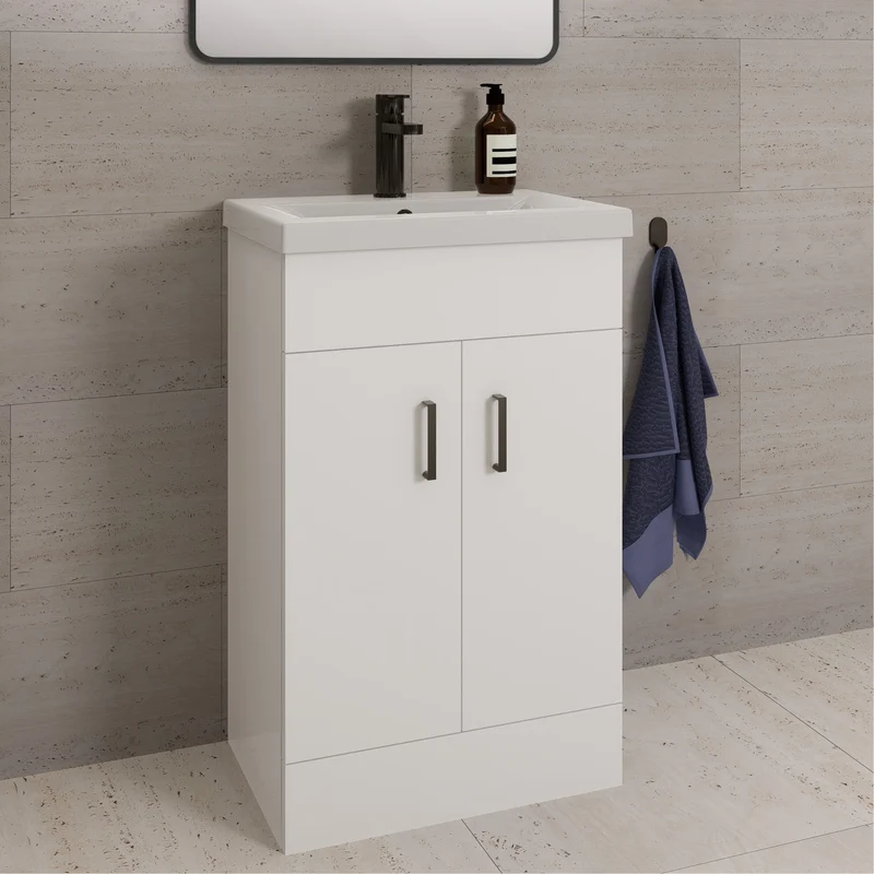 Lomond 500mm Gloss White Floorstanding Vanity Unit With Ceramic Basin - Matt Black Handles & Overflow Cover